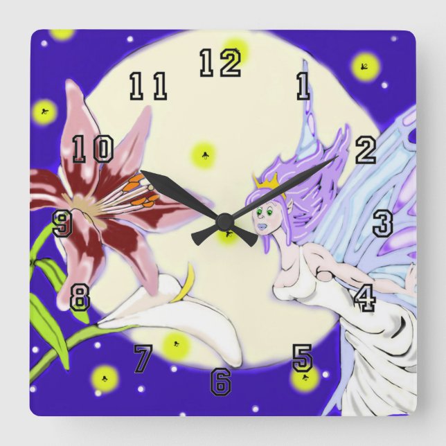 Moonlit Pixie-väggklocka Fyrkantig Klocka (Framsida)