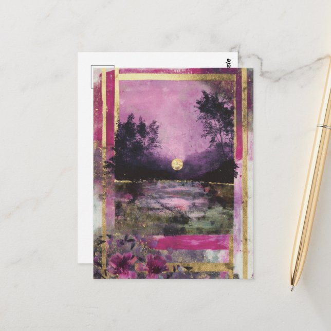 Moonlit Pond Mixed Media Collage Vykort (Fram/Back In Situ)