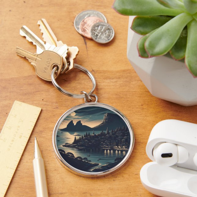 Moonlit Port Rund Silverfärgad Nyckelring (Skrivbord)