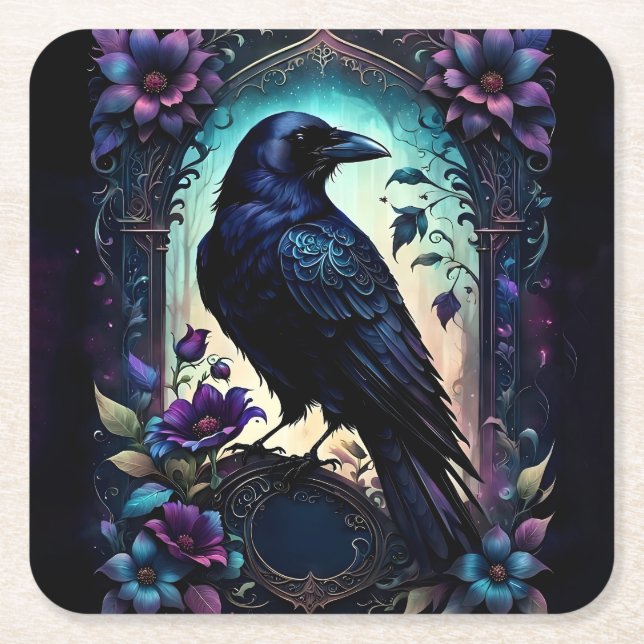 Moonlit Raven | Gothic Floral Bröllopspaket.  Underlägg Papper Kvadrat (Framsidan)