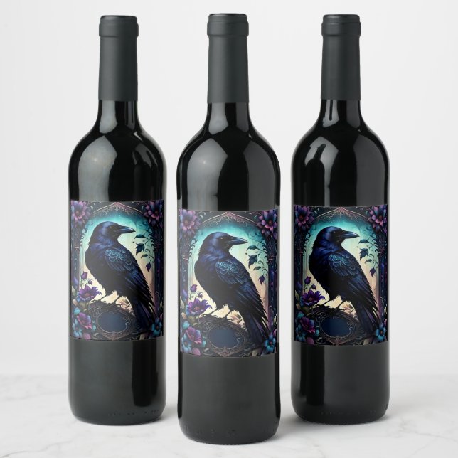 Moonlit Raven | Gothic Floral Bröllopspaket.  Vinflaska Etikett (Flaskor)