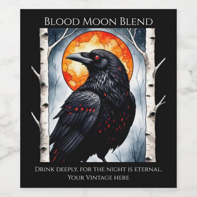 Moonlit Ravens på Birch Träd Vinflaska Etikett (Singel etikett)