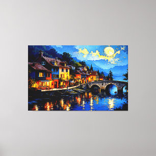 Moonlit Riverside Village Canvastryck