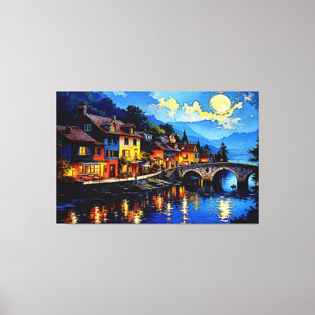 Moonlit Riverside Village Canvastryck (Framsida)