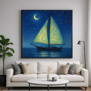 Moonlit Sailboat - Pastel Painting Stil Nattkonst Poster