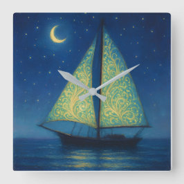 Moonlit Sailboat - Pastel Painting Style Night Art Fyrkantig Klocka