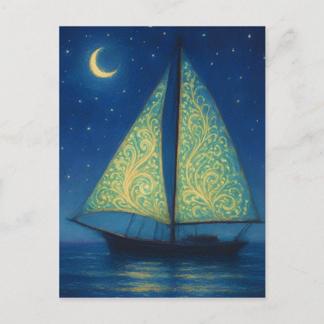 Moonlit Sailboat - Pastel Painting Style Night Art Vykort (Framsida)