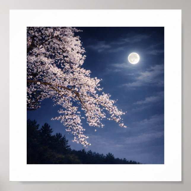 Moonlit Sakura – Cherry Blossoms Under a Full Moon Poster (Framsidan)