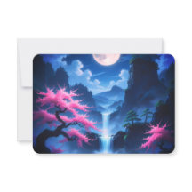 Moonlit Sakura & Waterfall Japanese RSVP Card - El