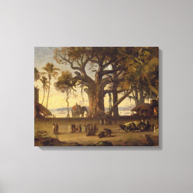Moonlit Scene of Indian Figurer och Elephants amon Canvastryck (Framsida)