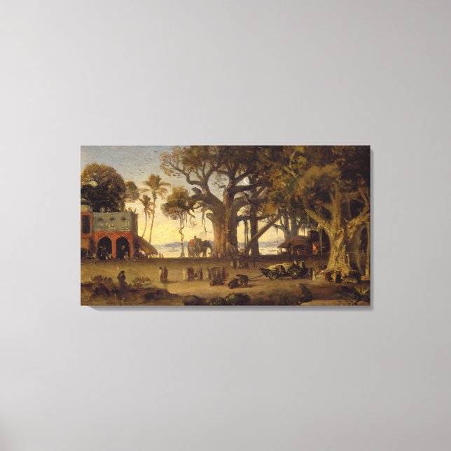 Moonlit Scene of Indian Figurer och Elephants amon Canvastryck (Framsida)