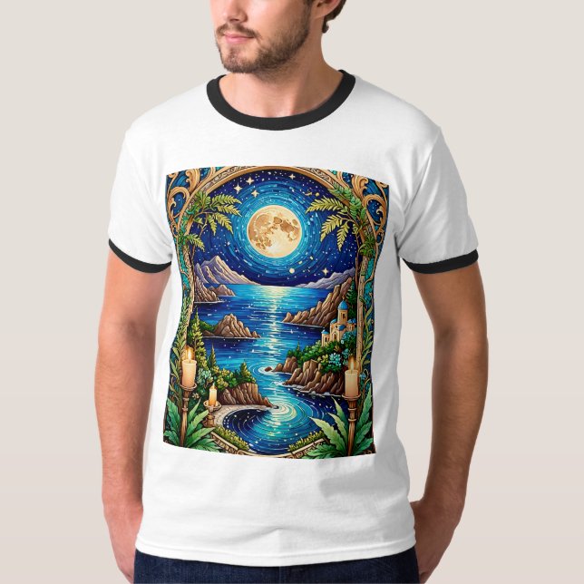 Moonlit Seaside Sanctuary Fantasy Art Tshirt T Shirt (Framsida)