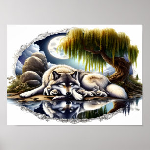 Moonlit Serenity A Slumating Varg 16x12 Poster