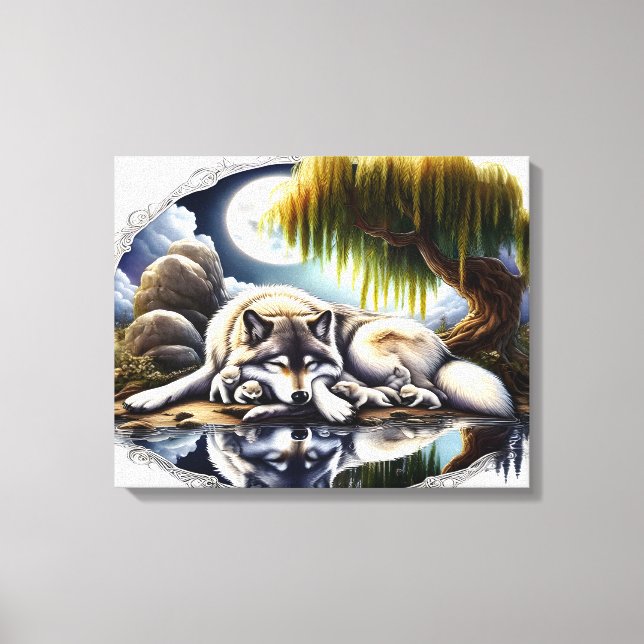 Moonlit Serenity A Slumating Varg 20x16 Canvastryck (Framsida)