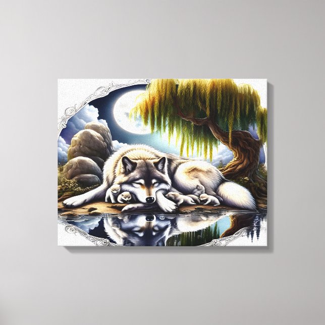 Moonlit Serenity A Slumating Varg 20x16 Canvastryck (Framsida)