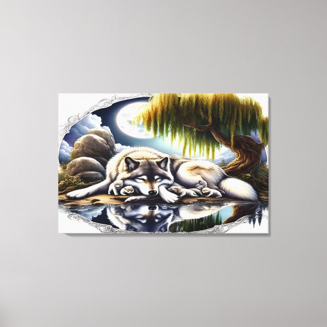 Moonlit Serenity A Slumating Varg 36x24 Canvastryck (Framsida)