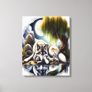Moonlit Serenity A slumrande Varg 16 x 20 Canvastryck
