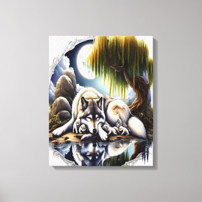 Moonlit Serenity A slumrande Varg 16 x 20 Canvastryck (Framsida)