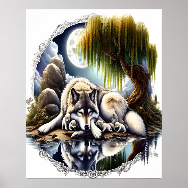 Moonlit Serenity A slumrande Varg 16 x 20 Poster (Framsidan)