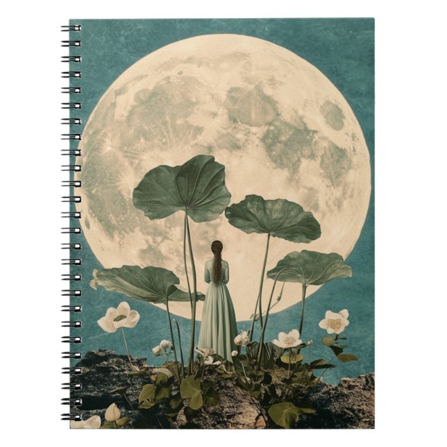 Moonlit Serenity - Vintage Lotus Scene Anteckningsbok (Framsidan)