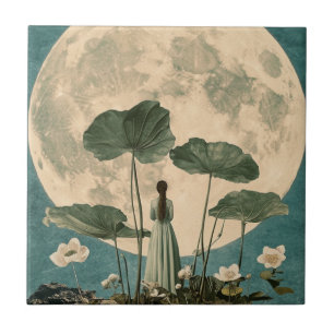 Moonlit Serenity - Vintage Lotus Scene Kakelplatta