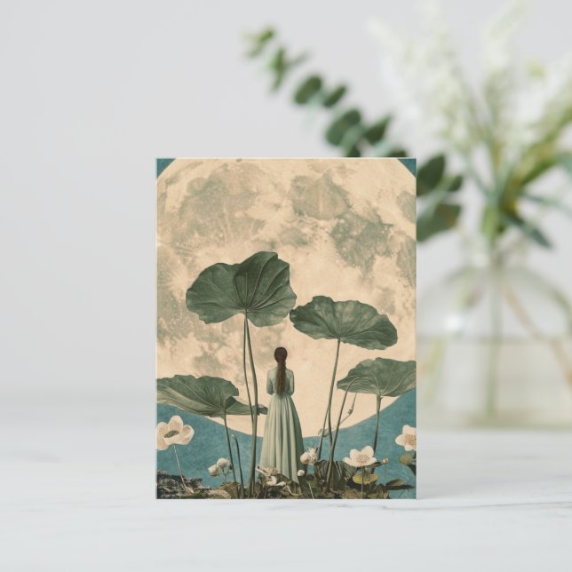 Moonlit Serenity - Vintage Lotus Scene Vykort (Stående Fram)