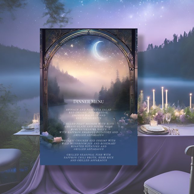 Moonlit Sjö Forest Fantasy Elegant bröllop Menu Inbjudningar (Skapare uppladdad)