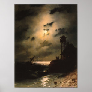 Moonlit Sjölandskap med vrak Poster