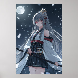 Moonlit Snow Samurai — Elegant Anime Girl Warrior  Poster