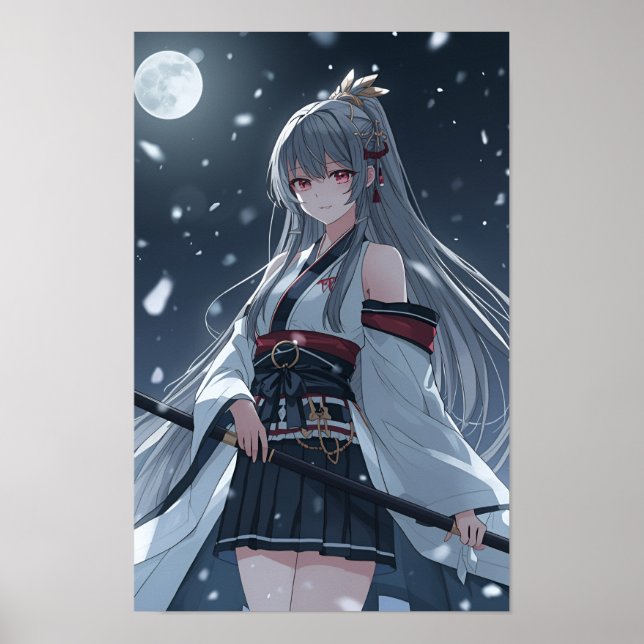 Moonlit Snow Samurai — Elegant Anime Girl Warrior  Poster (Framsidan)