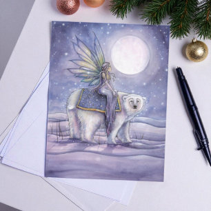 Moonlit Solstice Fairy and Polar Bear Art Vykort
