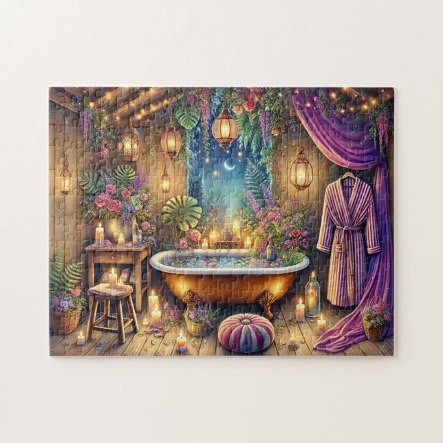 Moonlit Spa Bath Enchanted Night Garden Retreat Pussel (Horisontell)