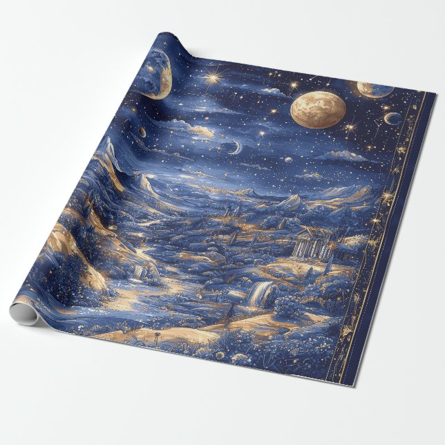 Moonlit Starry Dreamland Mythical Blue Design Presentpapper (Utrullad)