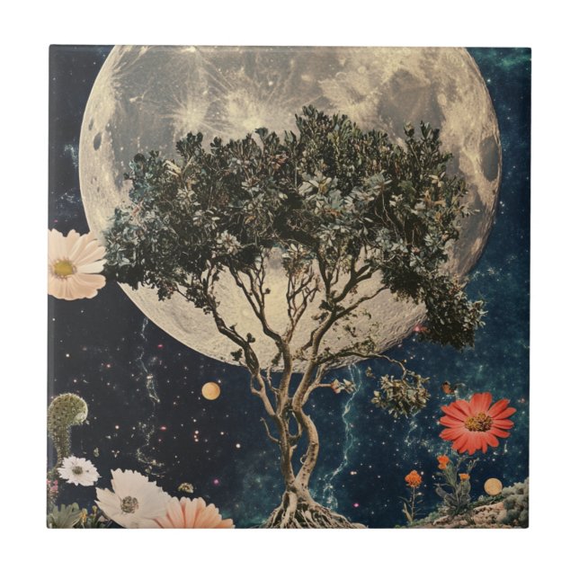 Moonlit Träd & Blommar Kakelplatta (Framsidan)