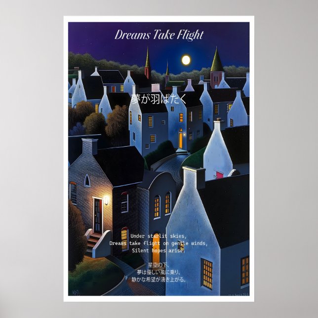 Moonlit Village Art Print Nighttime Landscape Poster (Framsidan)