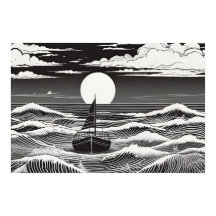 Moonlit Voyage Nautical Sergranat Black and White