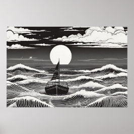 Moonlit Voyage Nautical Sergranat Black and White Poster