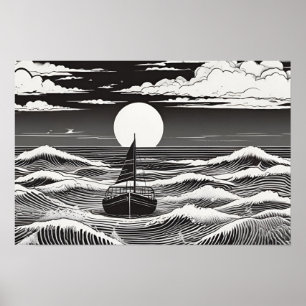 Moonlit Voyage Nautical Sergranat Black and White Poster