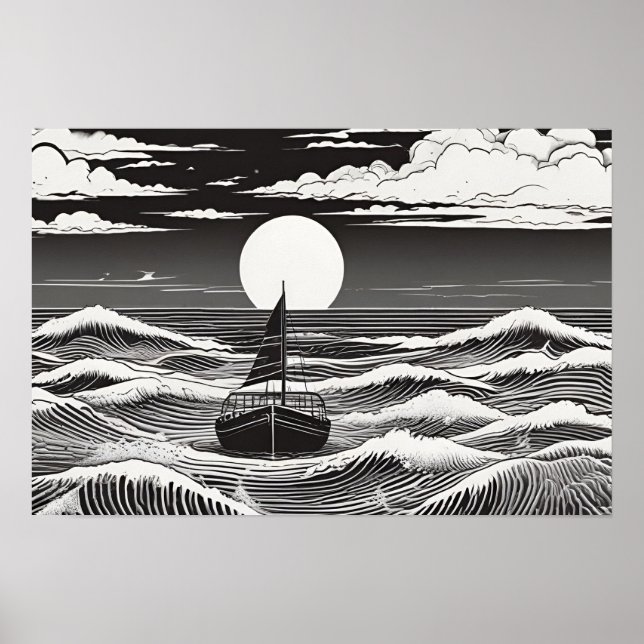 Moonlit Voyage Nautical Sergranat Black and White Poster (Framsidan)