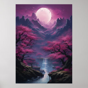 Moonlit Waterfall och färgrika miljöer Poster