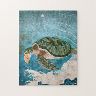 Moonlit Waves - Sea Turtle, Japanese Art Pussel