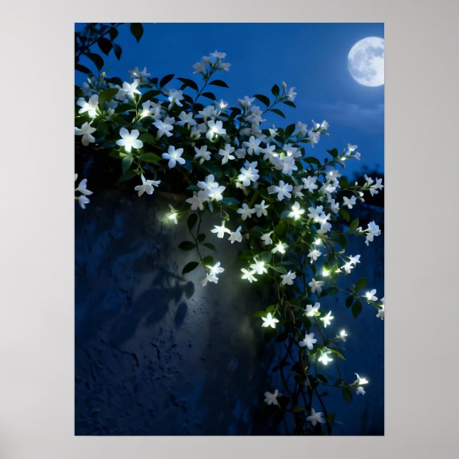 Moonlit White Flowers Vine Art Poster (Framsidan)