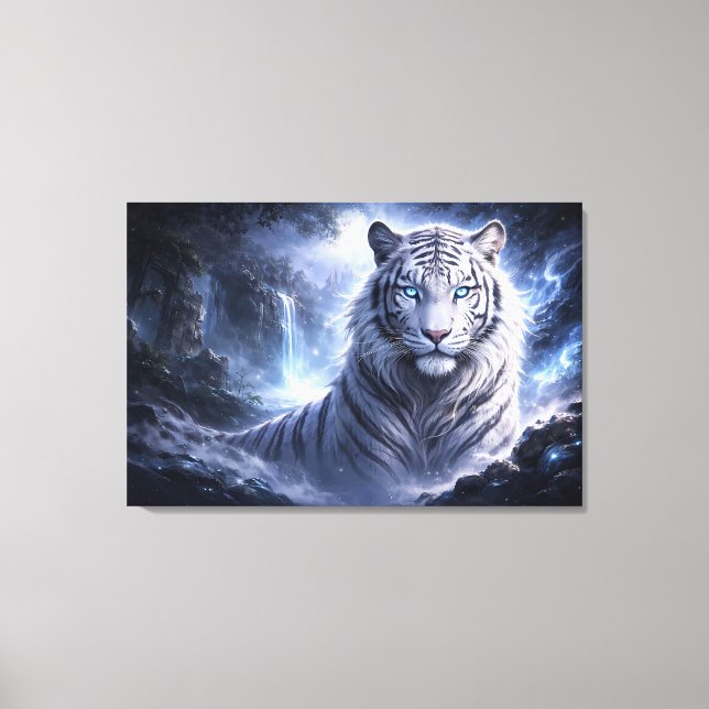 Moonlit White Tiger Guardian – Blue Fantasy Spirit Canvastryck (Framsida)