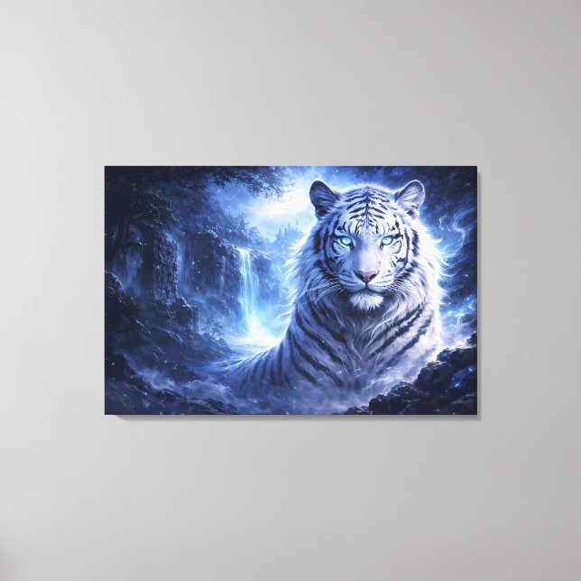 Moonlit White Tiger Guardian – Blue Fantasy Spirit Canvastryck (Framsida)
