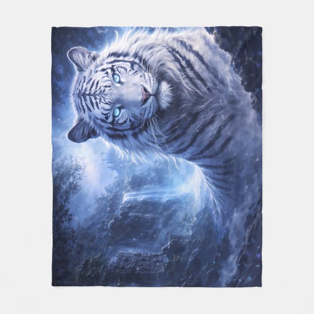 Moonlit White Tiger Guardian – Blue Fantasy Spirit Fleecefilt (Framsidan)