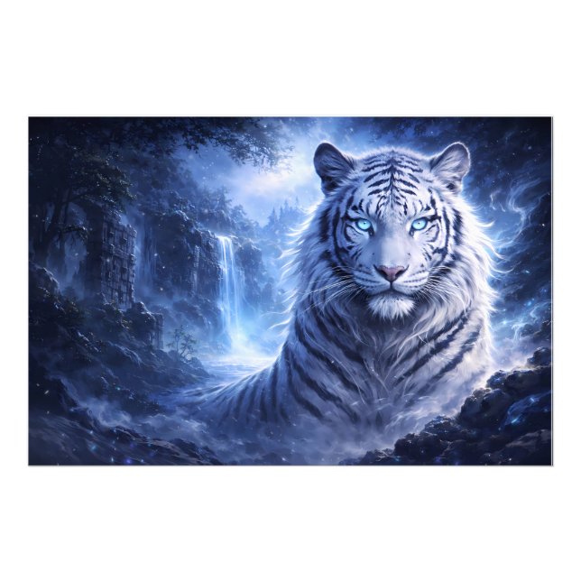 Moonlit White Tiger Guardian – Blue Fantasy Spirit Fototryck (Framsidan)