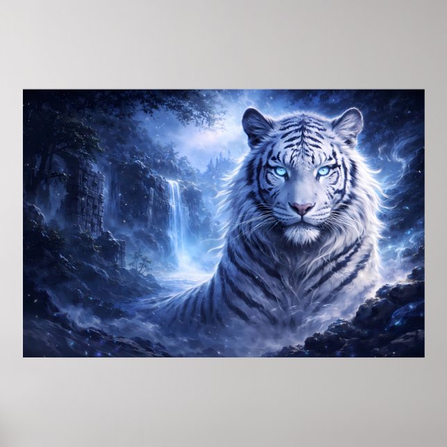 Moonlit White Tiger Guardian – Blue Fantasy Spirit Poster (Framsidan)