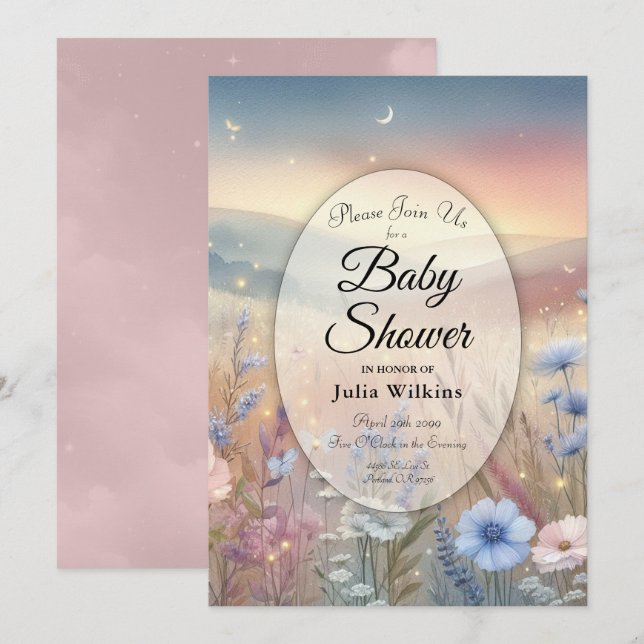 Moonlit WildblomWhispers Baby Shower Inbjudningar (Fram/baksida)