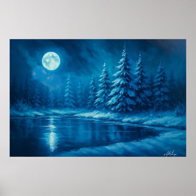 Moonlit Winter Forest by a Lake Poster (Framsidan)