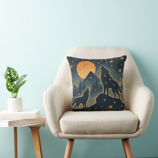 Moonlit Wolves & Mount Fuji – Japanese Night Art  Kudde (Stol)